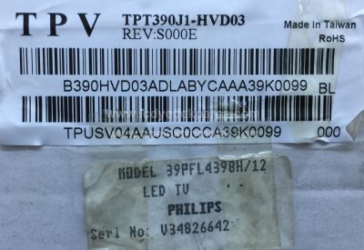 PHILIPS , TPT390HJ1-HVD03 , 39PFL4398 , H/12 , IC-B-TBAC39D192 , CL0_T39 PHP LD REV.02 , 3 ADET LED ÇUBUK